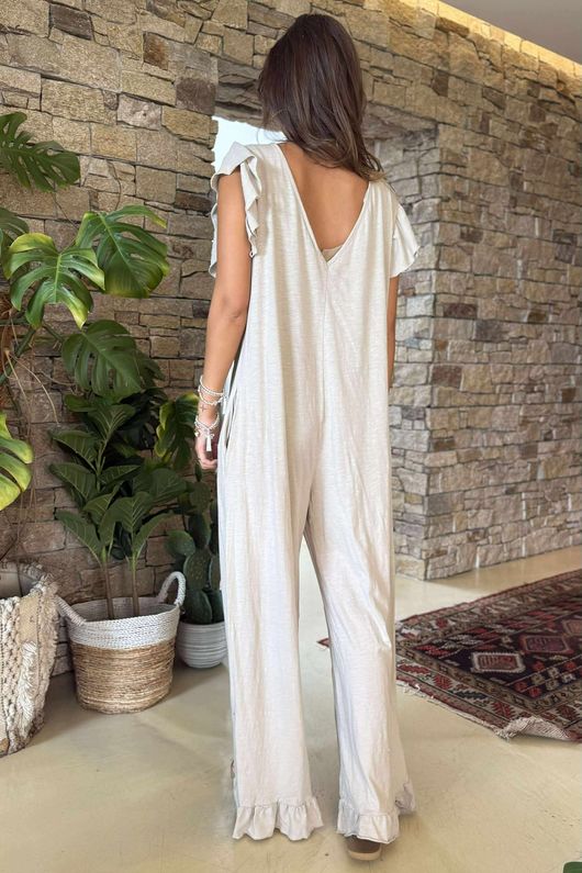 Made in Italy Bay Slub Mamma Mia Frill Jumpsuit Stone